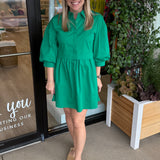 Green Puff Sleeve Shirt Dress