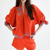 High Neck Top | Orange Eyelet