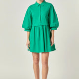 Green Puff Sleeve Shirt Dress